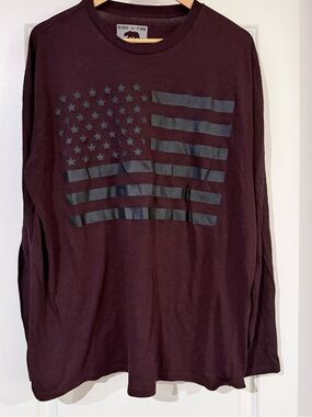 Ring of Fire Men's Long Sleeve Tee in Maroon with Matte Black Flag Graphic